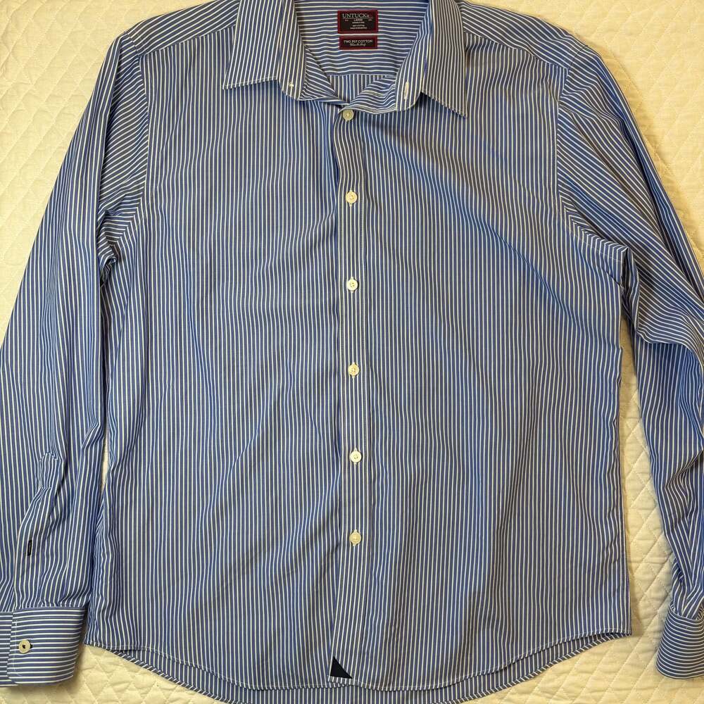 UNTUCKit Mens Blue and White Vertical Striped Long Sleeve Button Down Shirt